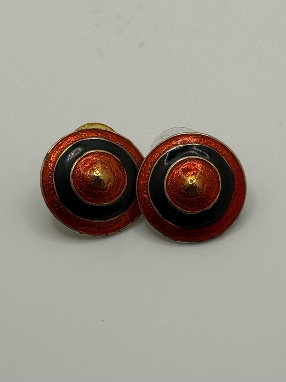 Vintage Red Black Enamel Disc Stud Earrings Retro Mod Statement Round 80s shine